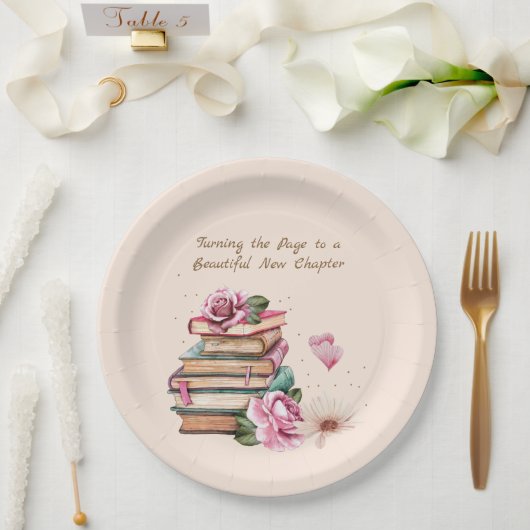 New Chapter Begins Romantic Book Theme Floral ペーパープレート (ウェディング)