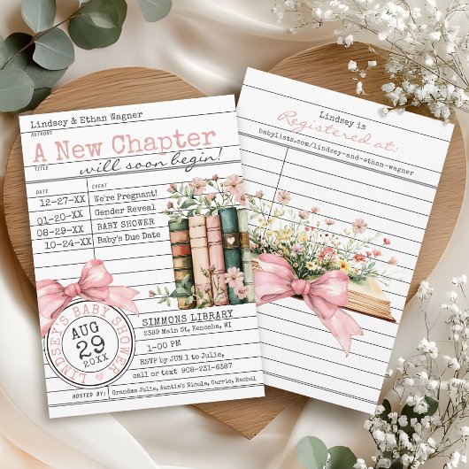 New Chapter Library Card Book Bow Baby Girl Shower 招待状