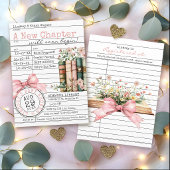 New Chapter Library Card Book Bow Baby Girl Shower 招待状