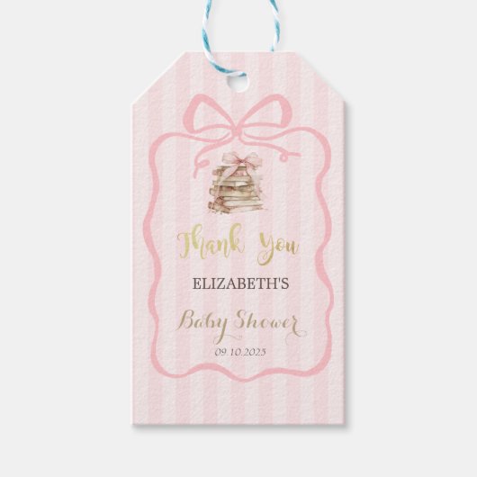 New Chapter Pink Bow Stripes Baby Shower ギフトタグ (正面)