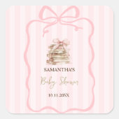 New Chapter Pink Bow Stripes Baby Shower スクエアシール (正面)