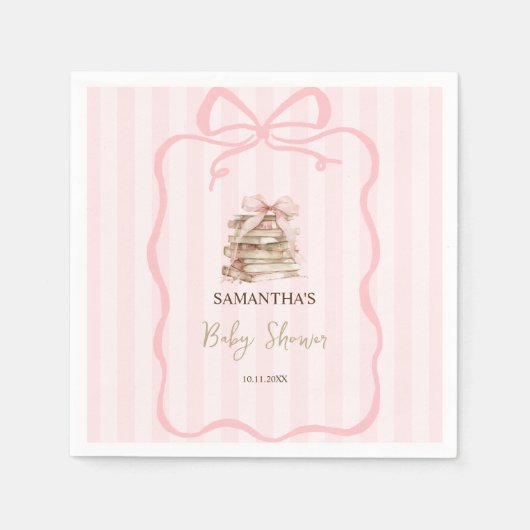 New Chapter Pink Bow Stripes Baby Shower スタンダードカクテルナプキン (正面)