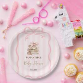 New Chapter Pink Bow Stripes Baby Shower ペーパープレート
