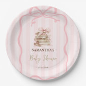 New Chapter Pink Bow Stripes Baby Shower ペーパープレート (正面)