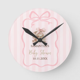 New Chapter Pink Bow Stripes Baby Shower ラウンド壁時計