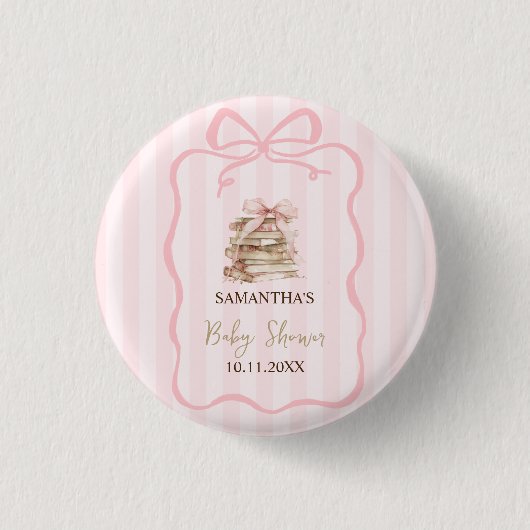 New Chapter Pink Bow Stripes Baby Shower 缶バッジ (正面)