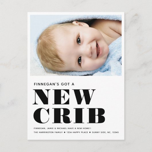 NEW CRIBシンプルベビー写真モダン移ミニマル動 案内ポストカード (正面)