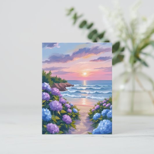 New England Summer | Hydrangea Beach Painting ポストカード (スタンド正面)