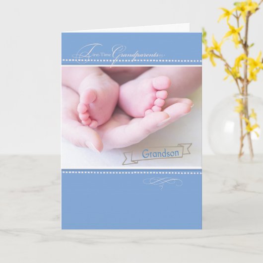 New First Time祖父母、孫、Blue Congr カード (黄色い花)