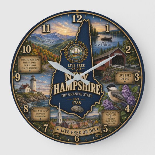 New Hampshire Granite State Mountain Lake Rustic ラージ壁時計 (正面)