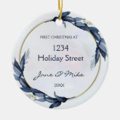 New Home Blue Floral First Home Christmas  セラミックオーナメント (正面)