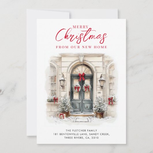 New Home Elegant Watercolor Front Door Christmas シーズンカード (正面)