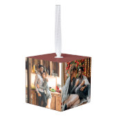 New home for the holidays maroon photo Christmas キューブオーナメント (裏面アングル)