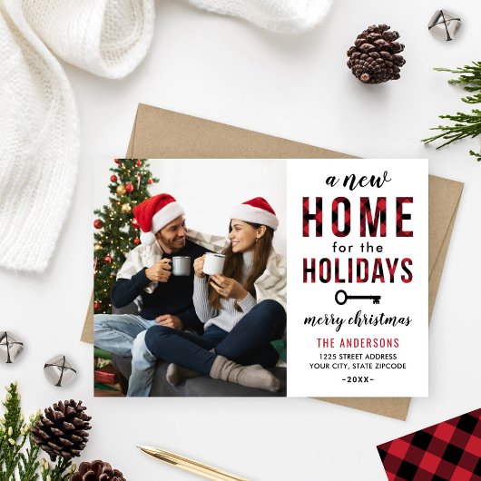 New Home for the Holidays Red Buffalo Plaid Photo シーズンカード