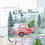 New Home for the Holidays Red Truck Misty Forest シーズンポストカード<br><div class="desc">A New Home for the Holidays,  Christmas Moving Announcement Card. Attractive design with misty watercolor forest,  vintage red truck,  christmas tree with lights,  a stack of gifts and festive calligraphy.The template is ready for you to personalize with your greeting and new address on the back.</div>