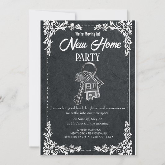 New Home Party Invitation Elegant Chalkboard Hou 招待状 (正面)