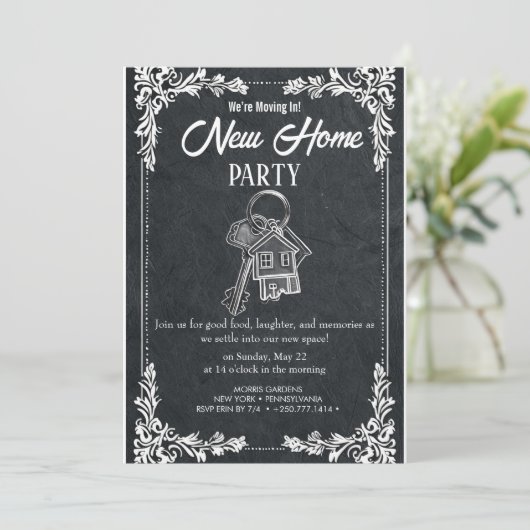 New Home Party Invitation Elegant Chalkboard Hou 招待状 (スタンド正面)