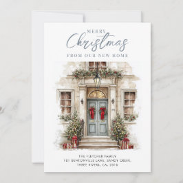 New Home Watercolor Blue Front Door Christmas シーズンカード