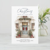 New Home Watercolor Blue Front Door Christmas シーズンカード (スタンド正面)