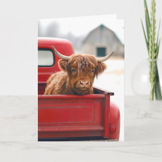 New House Highland Cow In a Red Retro Pickup Truck カード (正面)