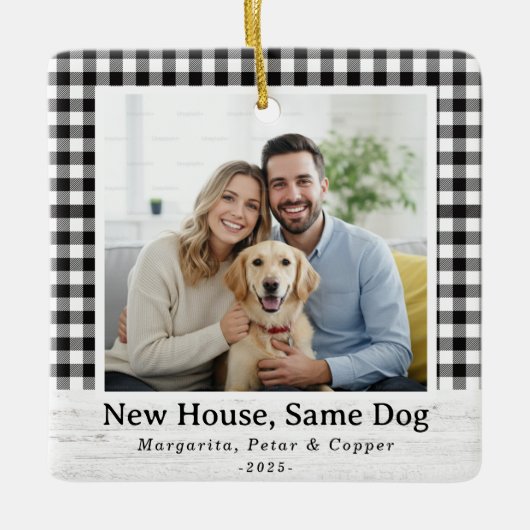New House, Same Dog – Buffalo Check Square Photo セラミックオーナメント (正面)