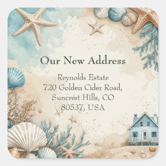New House Seaside Beach House Coastal Marine Life スクエアシール