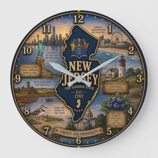 New Jersey Garden State Coastal Lighthouse Rustic ラージ壁時計 (正面)
