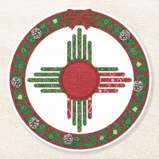 New Mexico Zia Sun Christmas ラウンドペーパーコースター (正面)