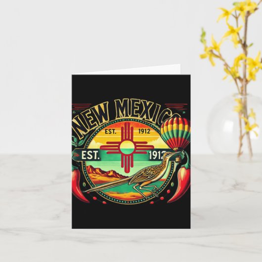 New Mexico Zia Symbol, Roadrunner &amp; Chile Pepp カード (黄色い花)