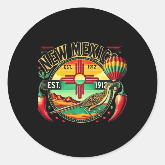 New Mexico Zia Symbol, Roadrunner &amp; Chile Pepp ラウンドシール (正面)