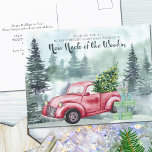 New Neck of the Woods Christmas Red Truck Moving シーズンポストカード<br><div class="desc">Wish everyone a merry & bright christmas from your New Neck of the Woods. Attractive holiday moving announcement postcard with misty watercolor forest, vintage red truck, christmas tree with lights, a stack of gifts and festive calligraphy. The template is suitable for families, couples and singles and is ready for you...</div>