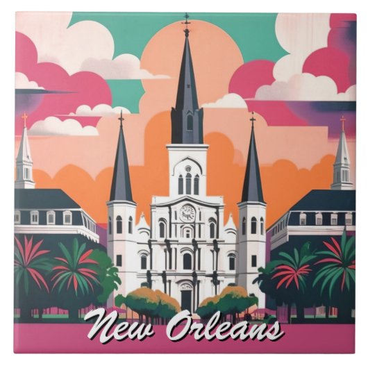 New Orleans St Louis Cathedral Vibrant Sky タイル (正面)