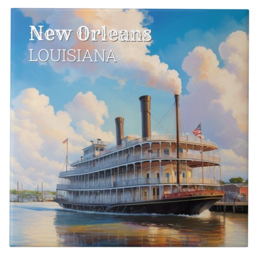 New Orleans Steamboat Riverboat Boat on River タイル (正面)