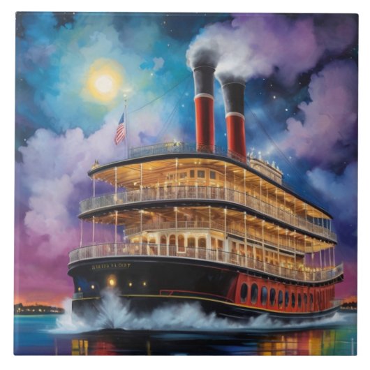 New Orleans Steamboat Riverboat Boat on River タイル (正面)