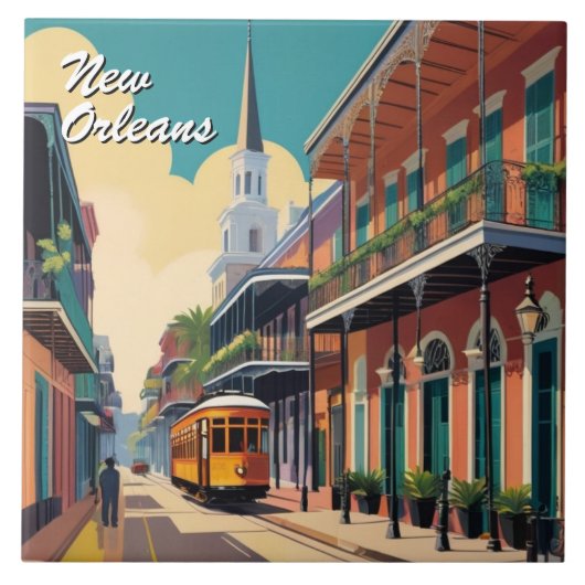 New Orleans Street & St Louis Cathedral Colorful タイル (正面)