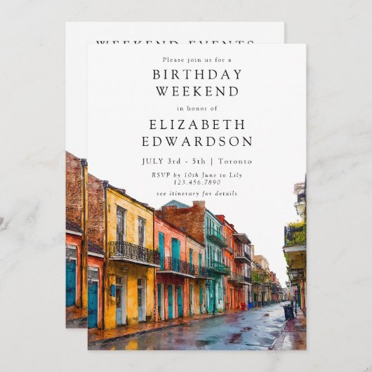 New Orleans Watercolor Birthday Weekend 招待状 (正面/裏面)