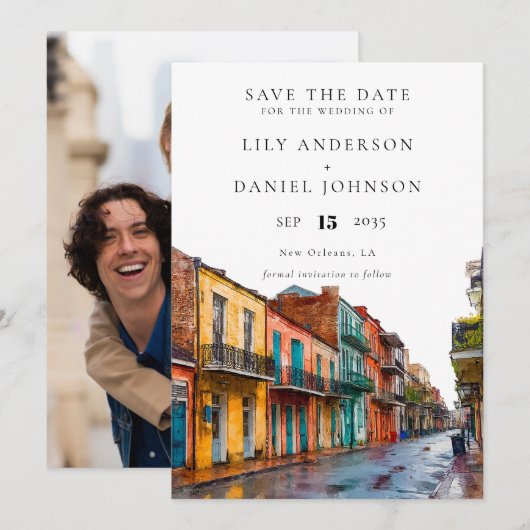 New Orleans Watercolor Photo Wedding セーブザデート (正面/裏面)