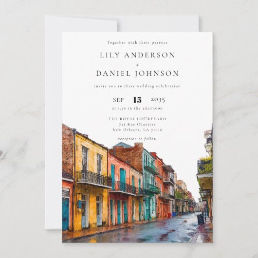 New Orleans Watercolor QR Code Wedding 招待状 (正面)