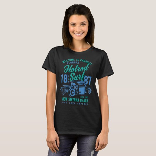 New Smyrna Beach Florida Retro Hotrod Surf  3 Tシャツ (正面フル)