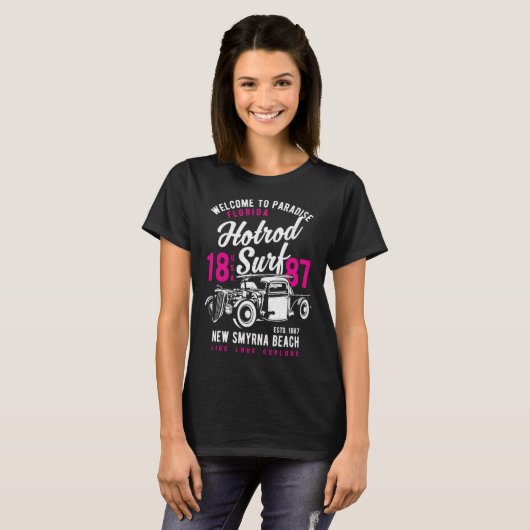 New Smyrna Beach Florida Retro Hotrod Surf Distres Tシャツ (正面フル)