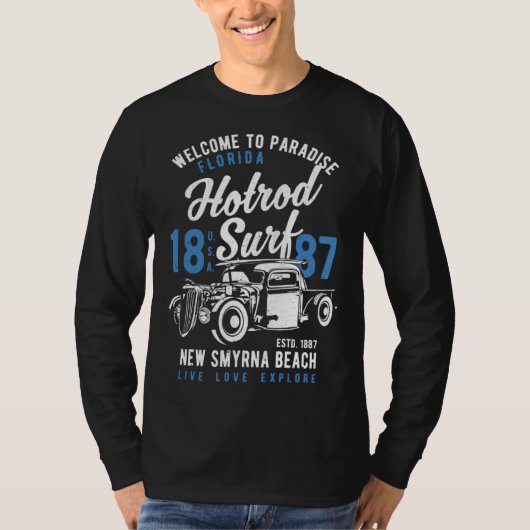 New Smyrna Beach Florida Retro Hotrod Surf Distres Tシャツ (正面)