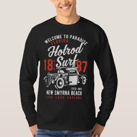 New Smyrna Beach Florida Retro Hotrod Surf Distres Tシャツ (正面)