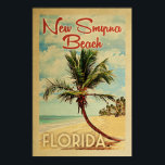 New Smyrna Beach Poster Palm Tree Vintage Travel ポスター<br><div class="desc">A uniquely retro mid-century modern New Smyrna Beach Florida art print in vintage travel poster style. It features a curved palm tree on sandy beach with ocean under a blue cloudy sky.</div>