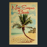 New Smyrna Beach Poster Palm Tree Vintage Travel ポスター<br><div class="desc">A uniquely retro mid-century modern New Smyrna Beach Florida art print in vintage travel poster style. It features a curved palm tree on sandy beach with ocean under a blue cloudy sky.</div>