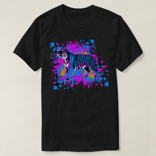 New Wave 80s Retro Blue Tiger Paint Splatter Tシャツ (デザイン正面)