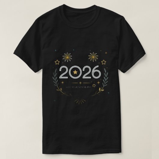 New Year 2026 Gold Fireworks “New Year, New Glow” Tシャツ (デザイン正面)