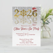 New Year 2026 Golden with Snowflake and Santa Hat 招待状 (スタンド正面)