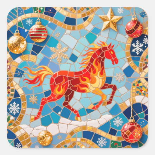 New Year 2026 Red Fiery Horse Christmas Pattern スクエアシール (正面)