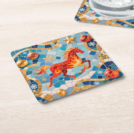 New Year 2026 Red Fiery Horse Christmas Pattern スクエアペーパーコースター (アングル)
