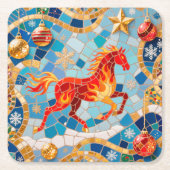 New Year 2026 Red Fiery Horse Christmas Pattern スクエアペーパーコースター (正面)